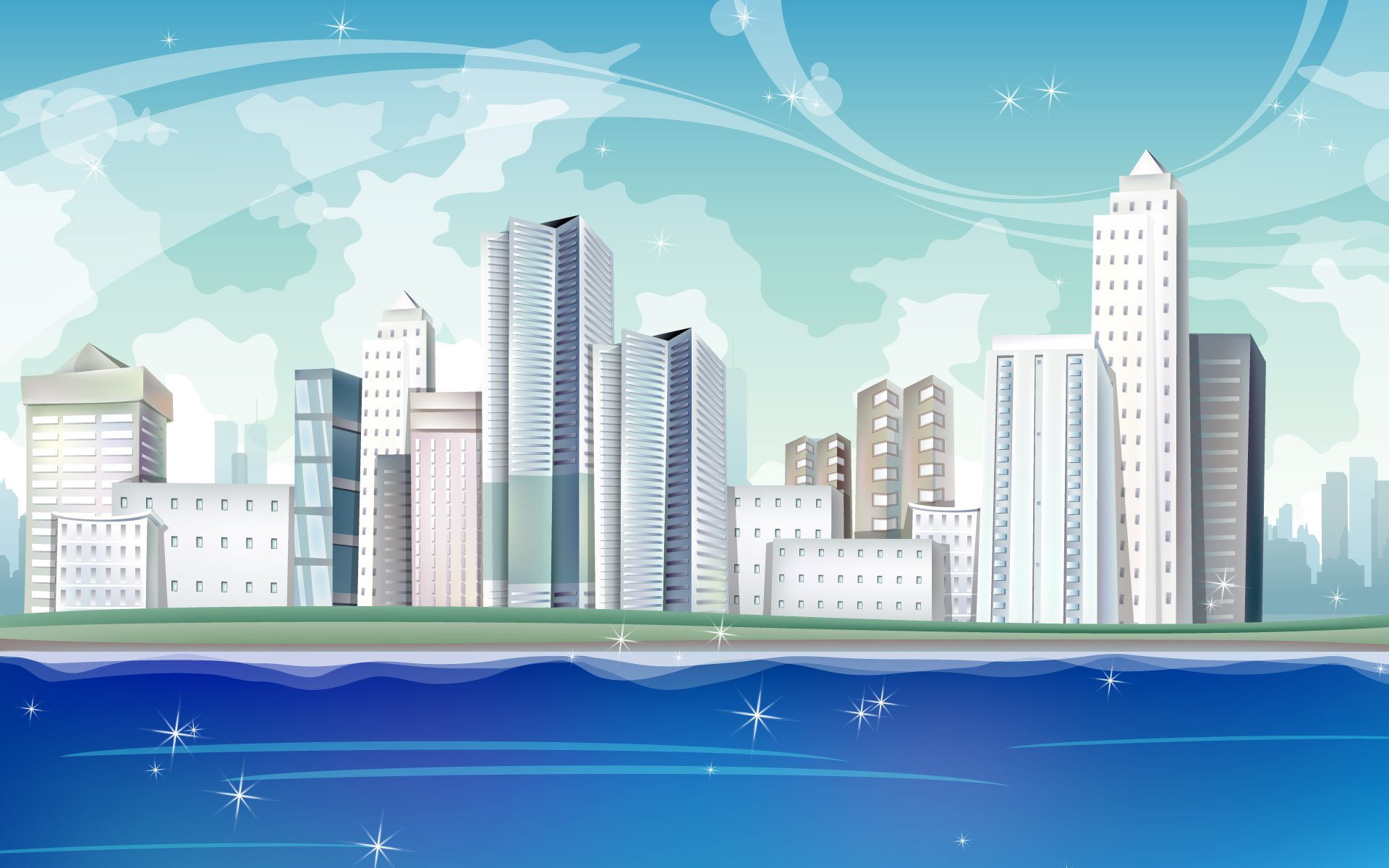 Artistic HD PC desktop wallpaper depicting a stylized city skyline with tall buildings against a bright, partly cloudy sky above calm blue water.
