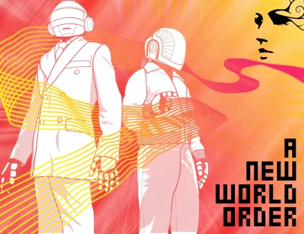 HD desktop wallpaper featuring Daft Punk with an illustrated, futuristic design and vibrant colors. The text A New World Order is visible, enhancing the musical theme.