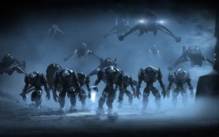 HD wallpaper of Halo video game featuring armored warriors and futuristic aircraft in a dark, misty environment.