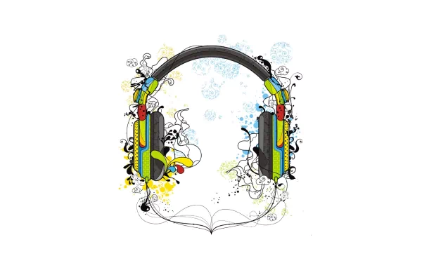 Colorful headphones surrounded by vibrant musical illustrations, creating a dynamic and creative HD desktop wallpaper and background. A celebration of music art.