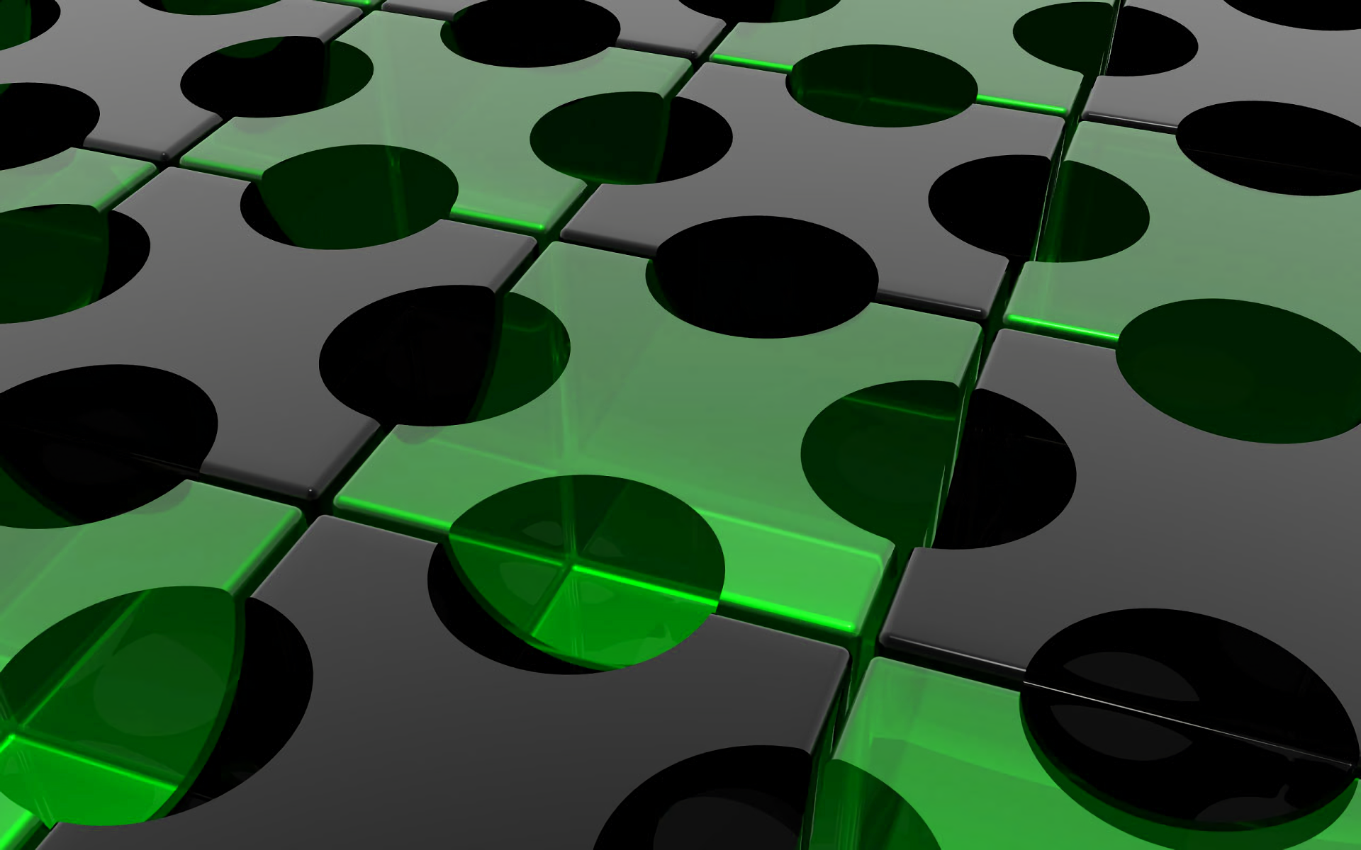 Abstract HD PC desktop wallpaper featuring a pattern of interlocking black and green cubes with circular cutouts, creating a modern geometric design.