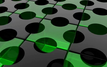 Abstract HD PC desktop wallpaper featuring a pattern of interlocking black and green cubes with circular cutouts, creating a modern geometric design.