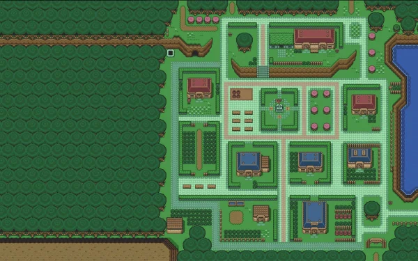 An HD PC desktop wallpaper featuring the vibrant map from The Legend of Zelda: A Link to the Past, showcasing detailed landscapes and iconic buildings from the game.