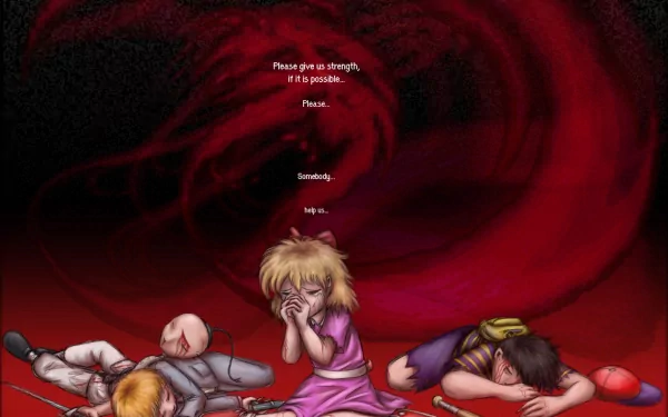 HD desktop wallpaper featuring characters Ness and others from Mother 2 (EarthBound) in a dramatic scene with Giygas swirling in a dark red vortex behind them.