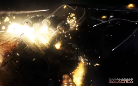 A dynamic scene from the TV show Battlestar Galactica (2003), featuring intense space battle action with explosions and starships, captured in a stunning HD desktop wallpaper.