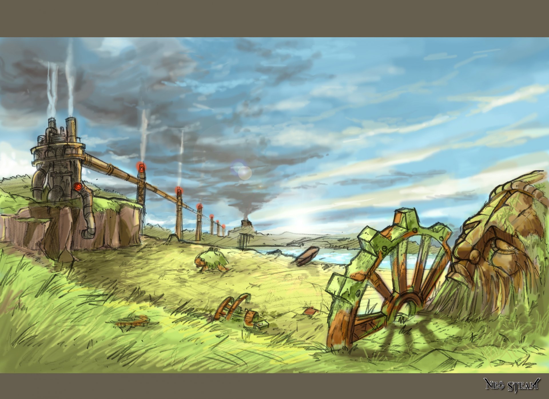 A vivid artistic drawing depicting a landscape with an industrial structure, smoky skies, and rustic water wheels, serving as an engaging HD desktop wallpaper and background.