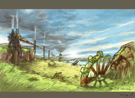 A vivid artistic drawing depicting a landscape with an industrial structure, smoky skies, and rustic water wheels, serving as an engaging HD desktop wallpaper and background.