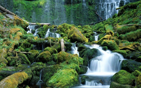HD desktop wallpaper featuring a serene nature scene with a cascading waterfall flowing over moss-covered rocks.