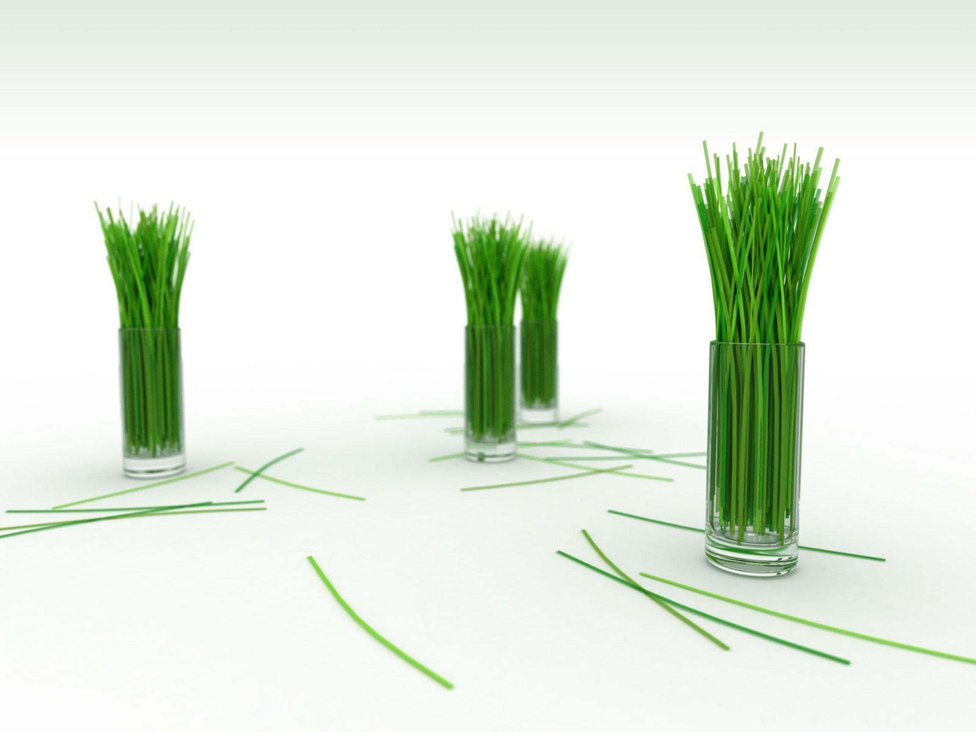 A vibrant artistic depiction of nature featuring green grass in glass vases, set against a simple backdrop, creating a refreshing HD desktop wallpaper.
