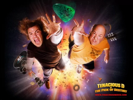 HD desktop wallpaper featuring Tenacious D from the movie The Pick of Destiny, showing the duo reaching toward a glowing guitar pick against a dynamic background.
