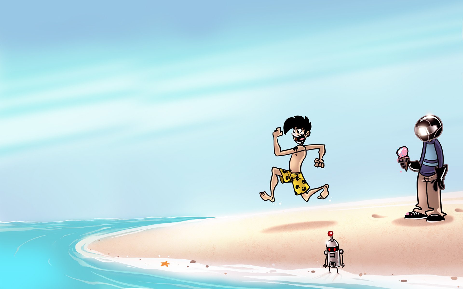 A vibrant comic-style illustration from Penny Arcade features a boy in swim trunks joyfully running on a beach, accompanied by a robot holding an ice cream cone, set against a serene ocean backdrop.