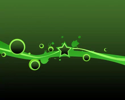 A green, artistic vector design HD desktop wallpaper featuring a wavy line and various circles and a star at the center, set against a gradient background.