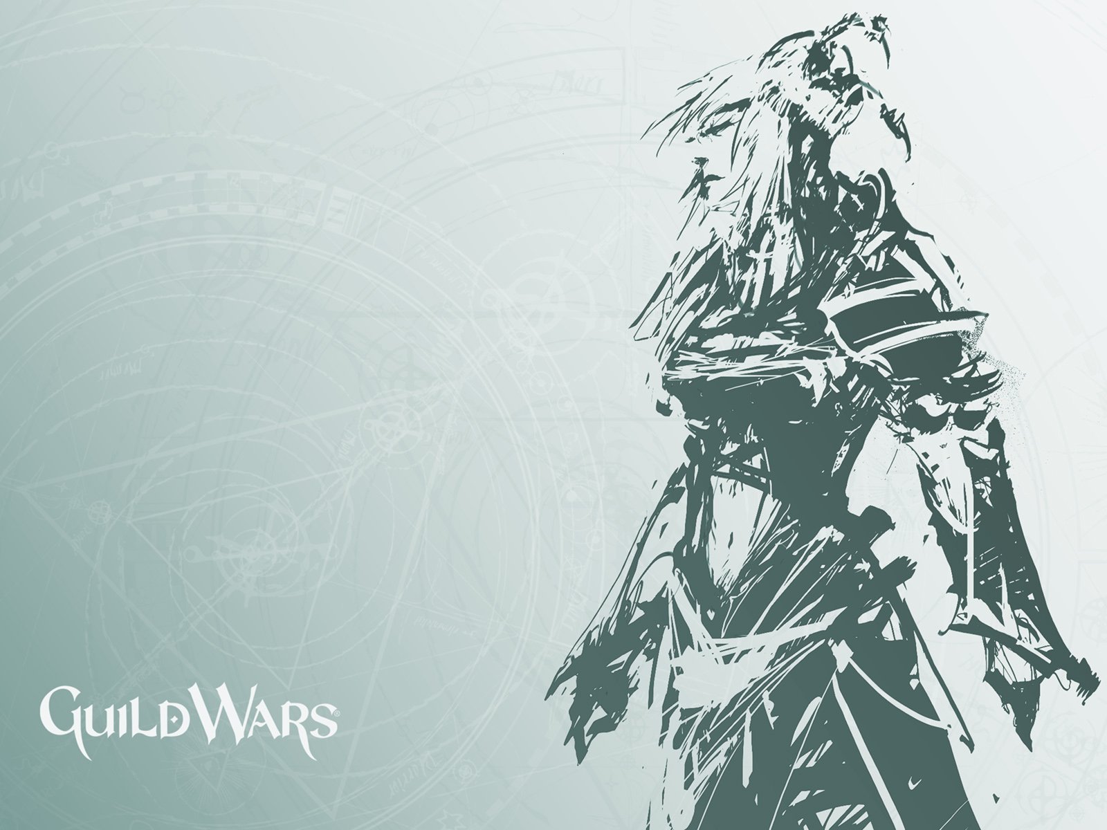 HD PC desktop wallpaper featuring a stylized, monochrome illustration of a warrior from the video game Guild Wars with a light textured background.