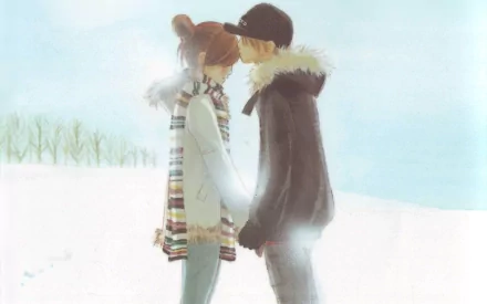 HD desktop wallpaper featuring Motoharu Yano and Nanami Takahashi from the anime We Were There sharing a tender moment in a serene snowy landscape.