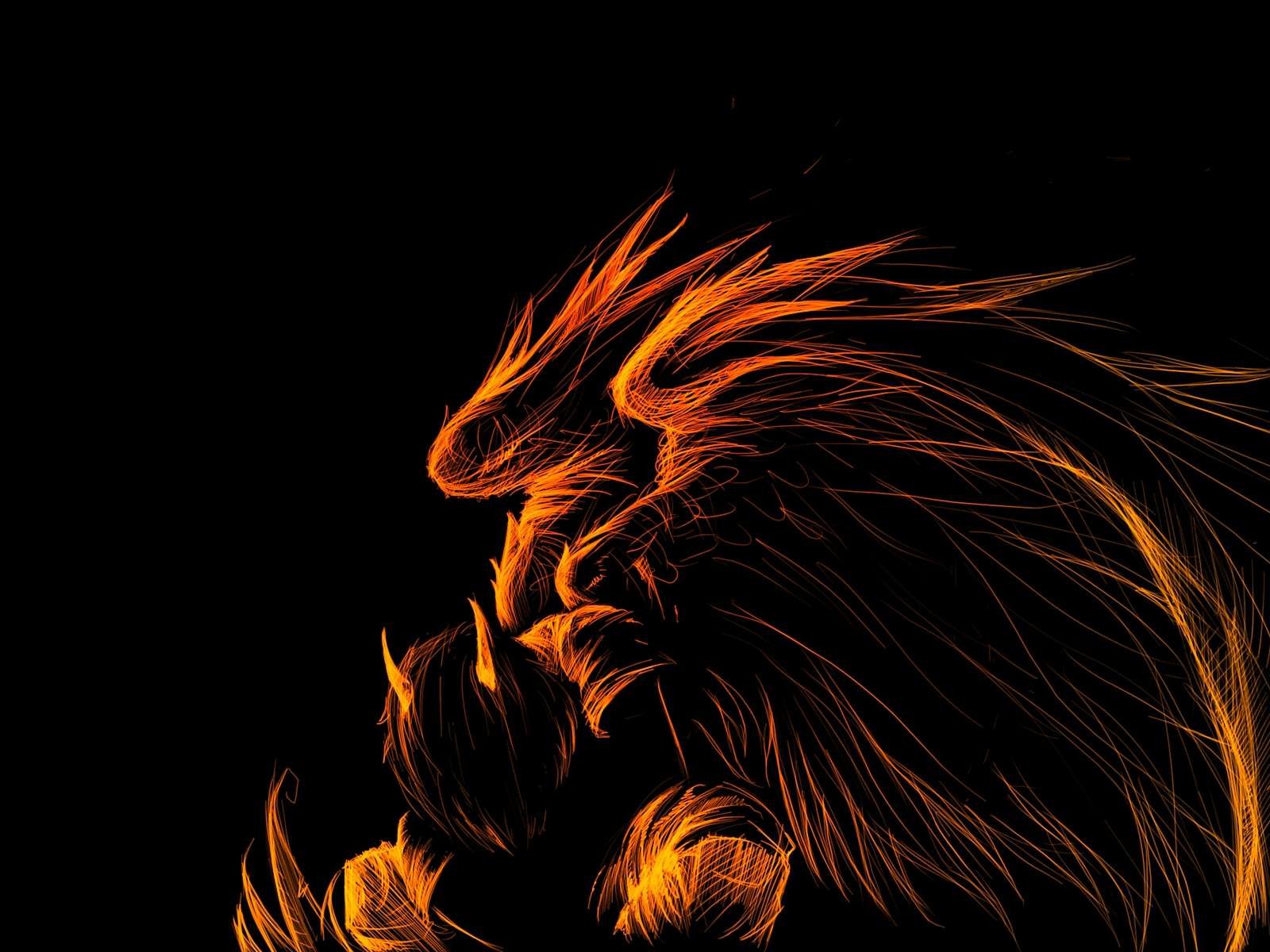 HD PC desktop wallpaper featuring an abstract, fiery orange lion's head and mane against a black background, tagged as Misc and unknown.