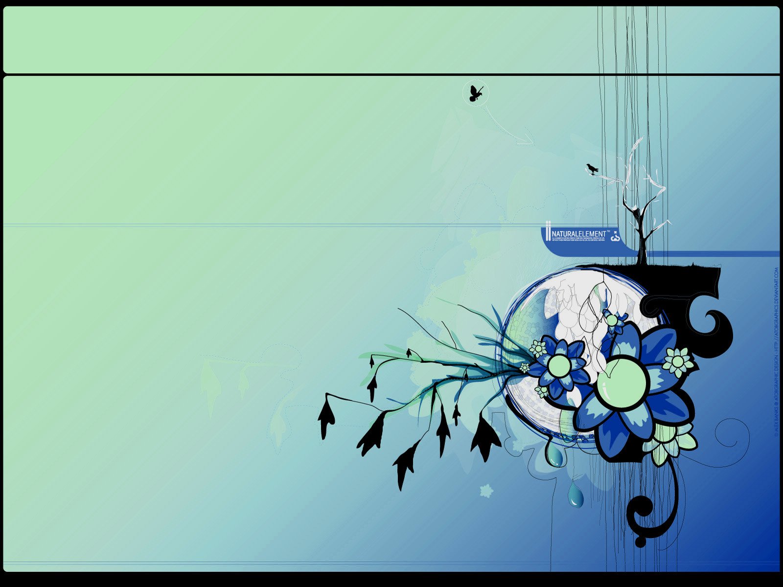 Artistic vector wallpaper featuring a delicate arrangement of blue flowers against a soft green-to-blue gradient background, enhancing any desktop aesthetic.
