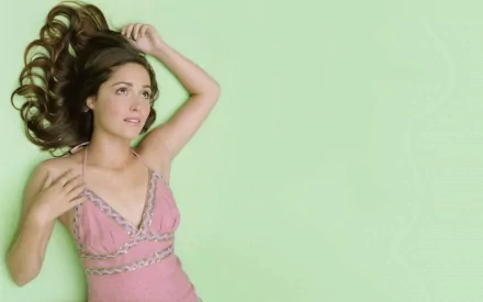 A captivating HD wallpaper featuring celebrity Rose Byrne, portrayed in a pink dress against a soft green background, exuding a serene and elegant vibe.