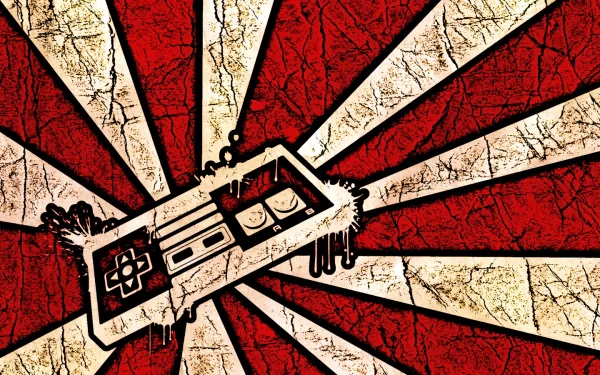 A bold HD desktop wallpaper featuring a Nintendo Entertainment System controller against a striking red and cream sunburst background, blending retro gaming aesthetics with vibrant design.