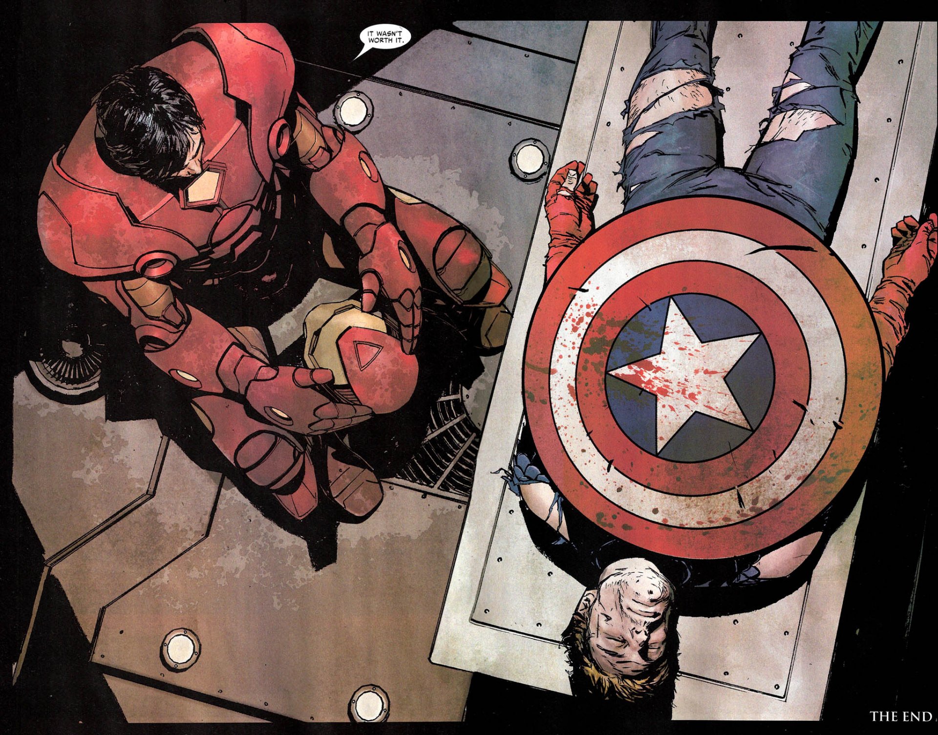 A dramatic HD desktop wallpaper featuring Iron Man and Captain America in a poignant moment from the Avengers comic, showcasing intense emotion and superhero themes.