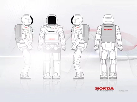 HD PC desktop wallpaper featuring detailed front, side, and back views of the man-made Honda ASIMO robot against a clean, light background.