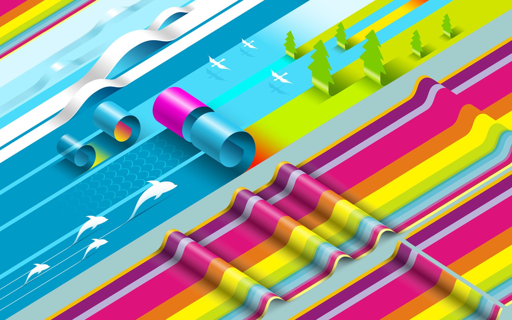 A vibrant HD PC desktop wallpaper features bold colors and abstract shapes, including flowing lines, geometric elements, and stylized natural scenes.