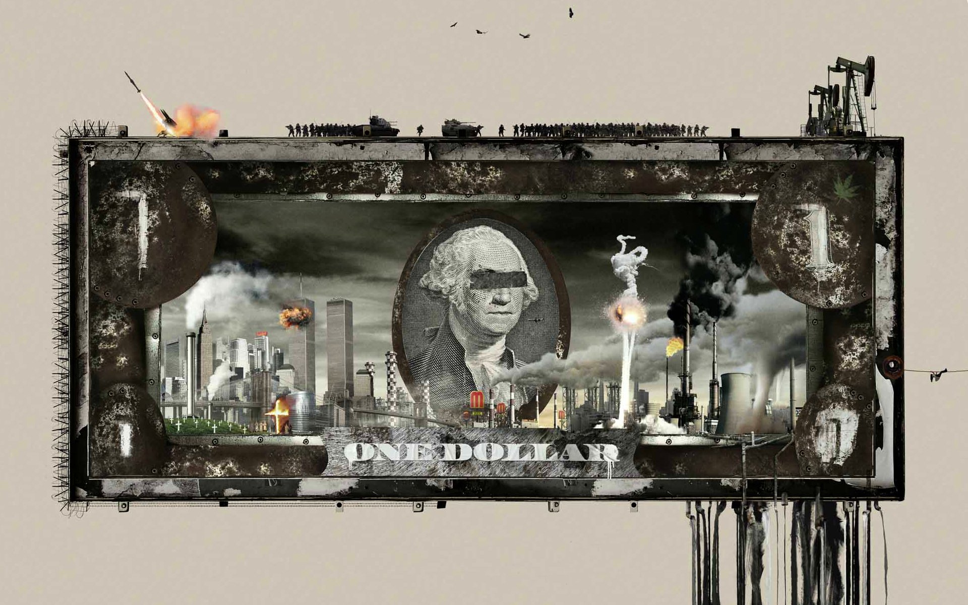 Artistic wallpaper features a dystopian depiction of a dollar bill, integrating military elements and industrial imagery. HD desktop background with intricate details and a creative twist on currency.
