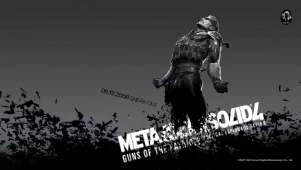 HD desktop wallpaper of Metal Gear Solid 4: Guns of the Patriots, featuring a character in a dynamic pose with a dark, dramatic background and game title prominently displayed.
