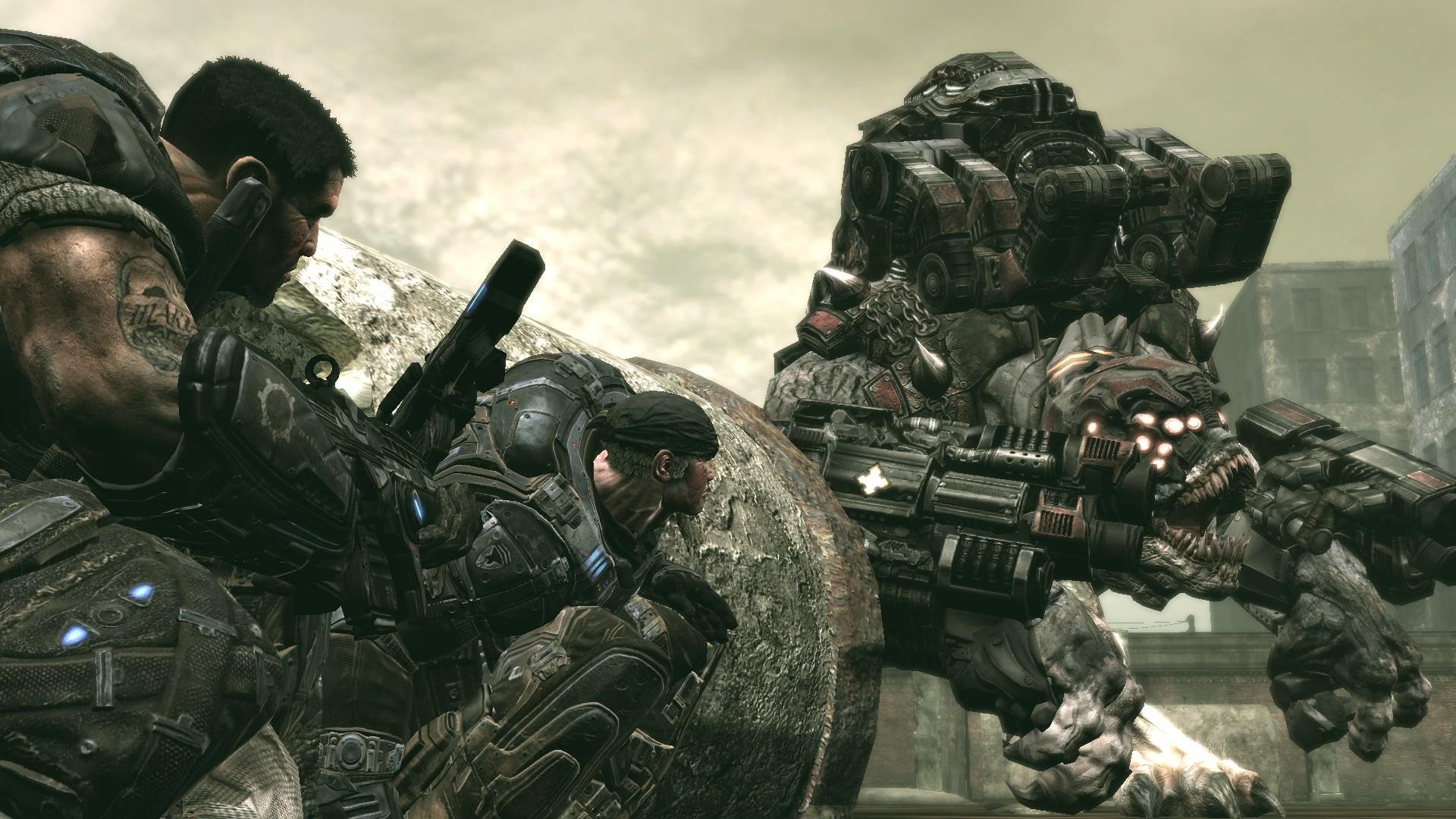 A dynamic HD desktop wallpaper featuring characters from the video game Gears of War, showcasing intense action with soldiers and a menacing enemy in a dystopian environment.