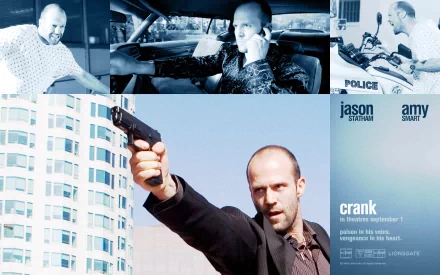 A dynamic HD wallpaper featuring scenes from the movie Crank, showcasing Jason Statham in intense action, with dramatic poses and a gripping atmosphere.