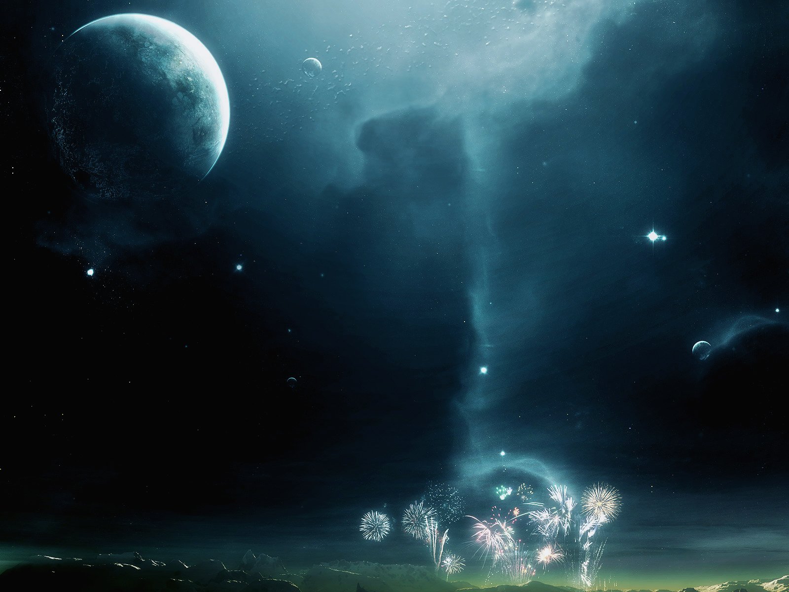HD sci-fi desktop wallpaper featuring a mysterious planet surrounded by dark clouds and distant stars in a cosmic space scene.