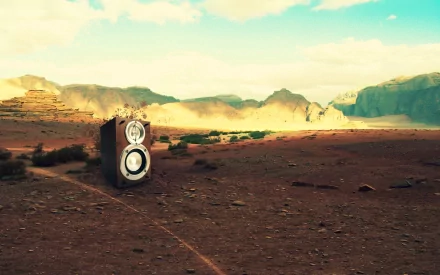 A HD desktop wallpaper featuring a surreal desert landscape with mountains in the background and large music speakers blending into the sandy terrain.