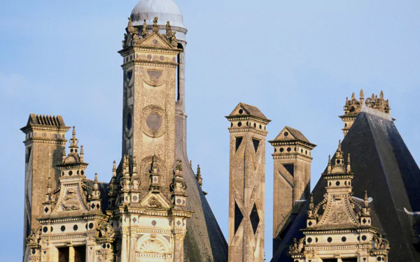 HD desktop wallpaper showcasing the intricate towers and chimneys of the man-made Château de Chambord against a clear blue sky.