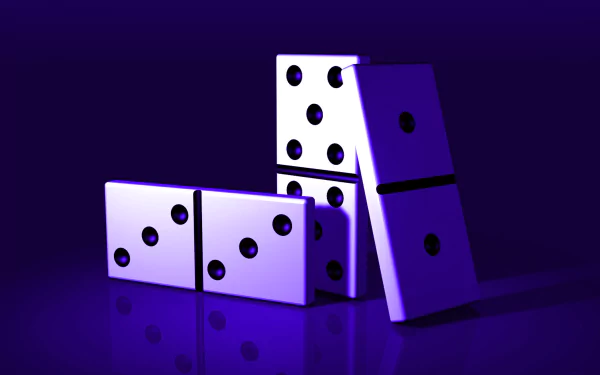 HD PC desktop wallpaper of glossy man-made dominos arranged on a reflective purple surface with dramatic lighting and deep shadows.