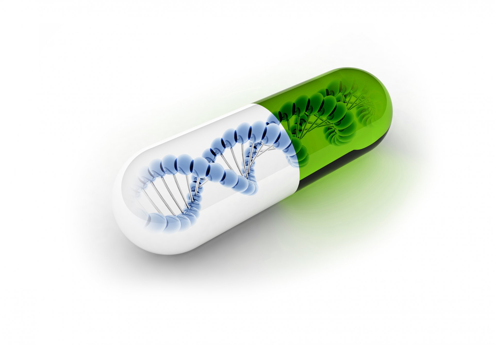 Digital art of a capsule featuring a DNA helix design, blending green and white colors. This HD wallpaper serves as a striking background for desktop displays.