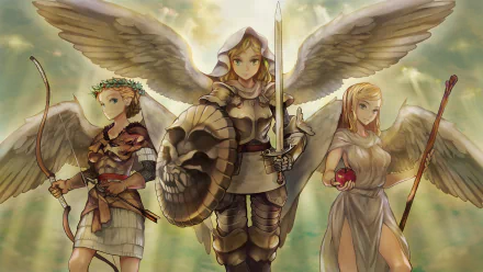 Dragons Crown video game 2K Quad HD PC wallpaper: three angelic warriors—central armored paladin with sword and shield, flanked by an archer and a robed spellcaster in golden light.