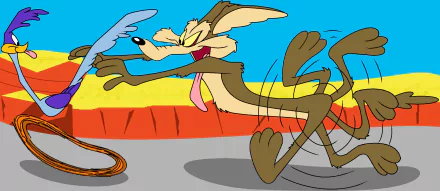 HD desktop wallpaper featuring the coyote from the Looney Tunes TV show, depicted in a vibrant desert scene with dynamic motion and bright colors.