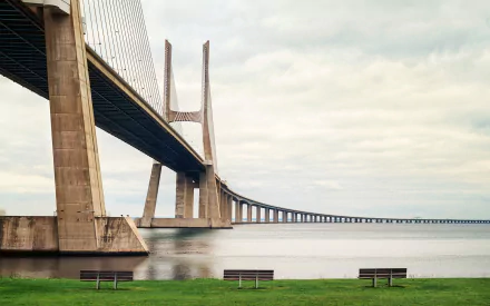 HD desktop wallpaper showcasing the man-made Vasco da Gama Bridge stretching over calm water beneath a cloudy sky.