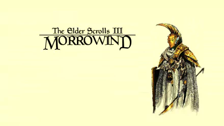 HD PC desktop wallpaper showcasing a warrior character from the video game The Elder Scrolls III: Morrowind on a pale yellow background with the game title.