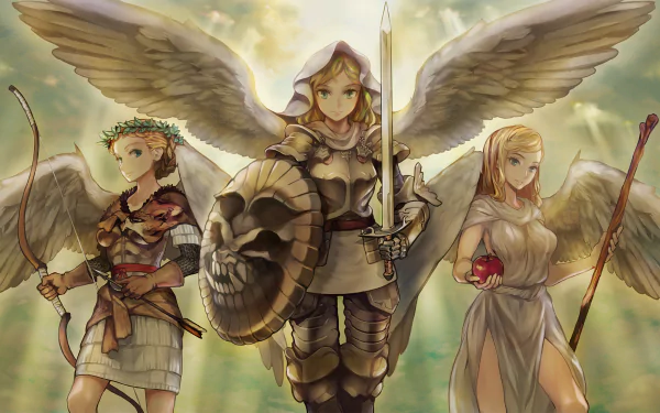 Dragons Crown video game 2K Quad HD PC wallpaper: three angelic warriors—central armored paladin with sword and shield, flanked by an archer and a robed spellcaster in golden light.