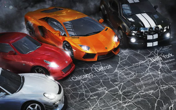 HD PC desktop wallpaper featuring sports cars from the video game The Crew, displayed over a map highlighting Chicago, Detroit, and New York.