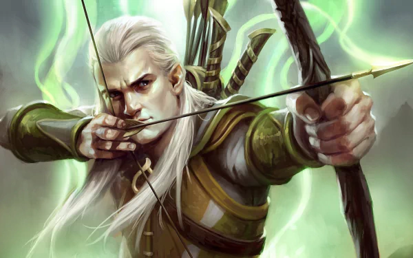 HD PC desktop wallpaper featuring an intense elf archer from the video game Guardians of Middle-Earth, poised to release a glowing arrow.