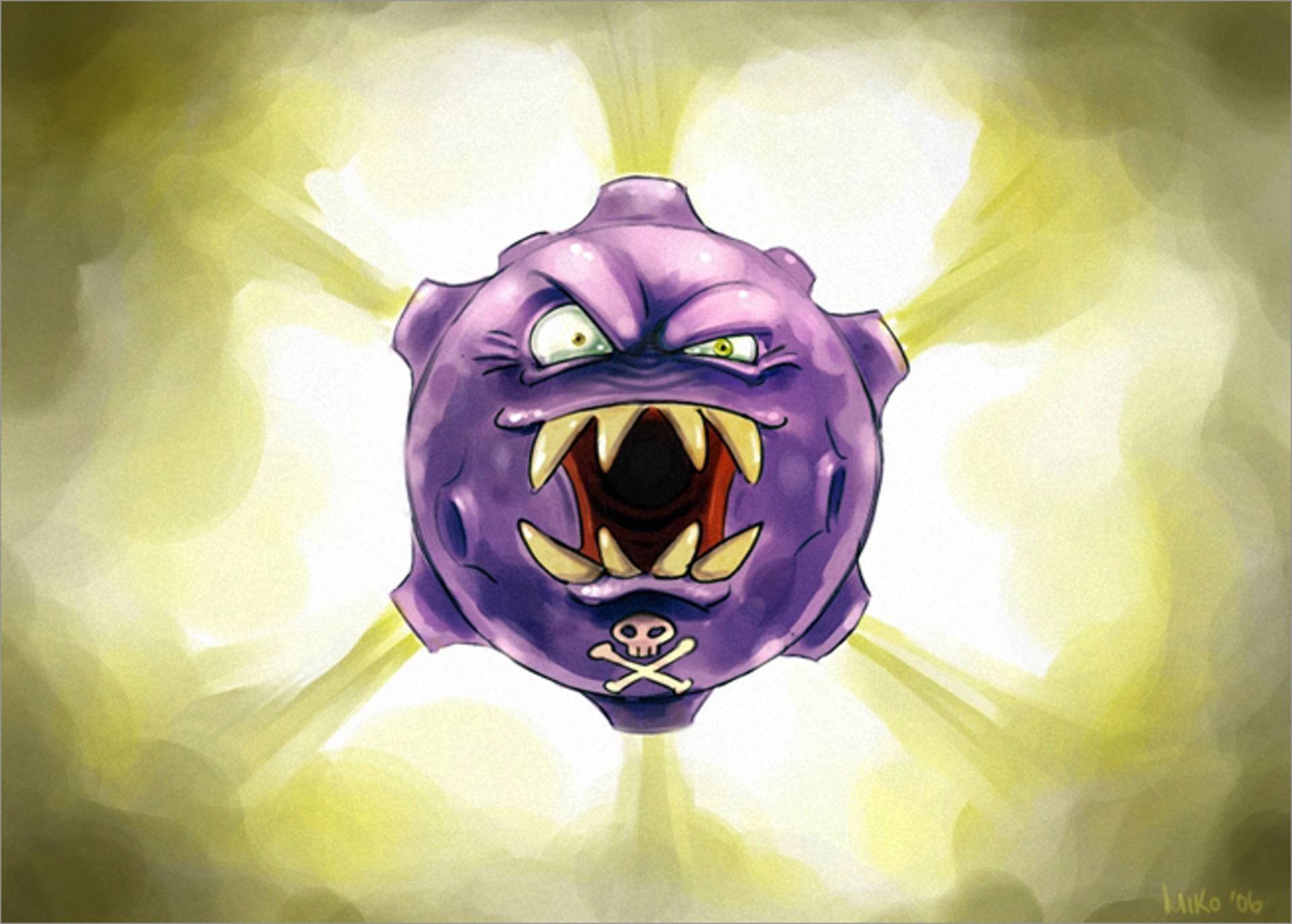 Koffing from Pokémon bursts with energy in this HD PC desktop wallpaper, showcasing its iconic purple and yellow design from the video game series.