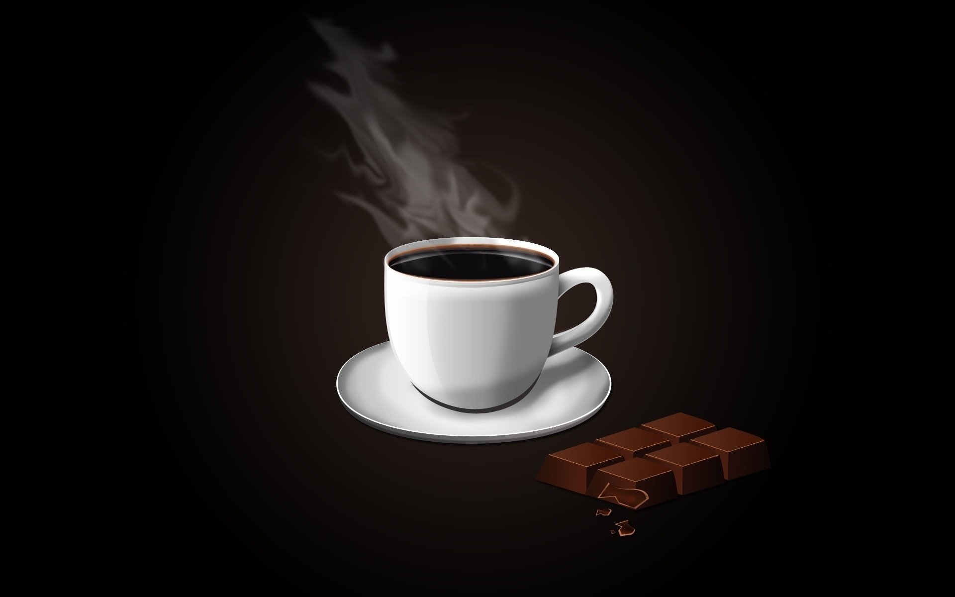 HD desktop wallpaper featuring a steaming cup of black coffee on a white saucer beside a partially broken chocolate bar against a dark background.