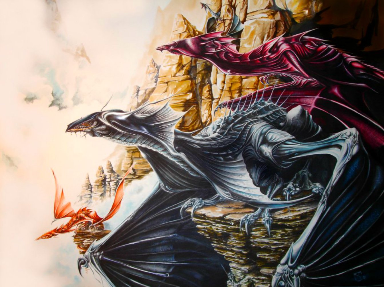 A stunning HD wallpaper featuring majestic dragons posed on rocky cliffs, set against a misty fantasy landscape that evokes adventure and imagination.
