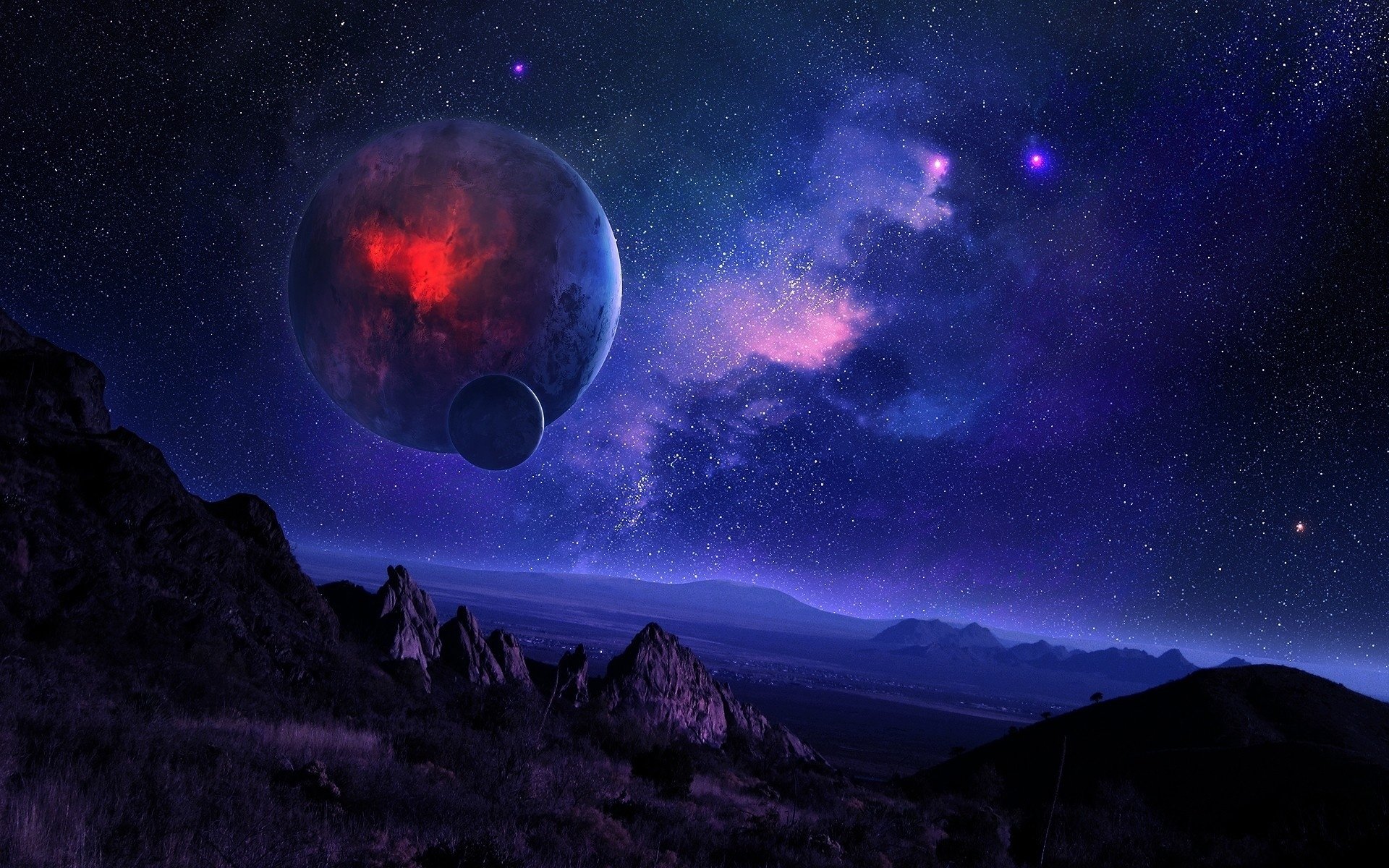 HD desktop wallpaper of a sci-fi landscape featuring a vibrant night sky with a large red planet, nebulae, and a starlit terrain.