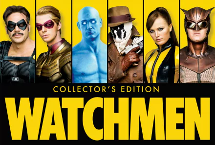 HD PC desktop wallpaper featuring key characters from the movie Watchmen in a vibrant, collector's edition design with bold yellow and black text.