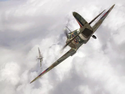 A dramatic HD wallpaper featuring military aviation, showcasing a Supermarine Spitfire soaring through a dynamic sky filled with clouds.