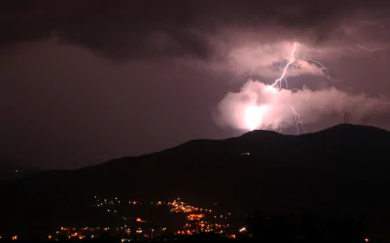 HD PC desktop wallpaper showing dramatic lightning striking over a dark mountain range with scattered city lights under a cloudy night sky.