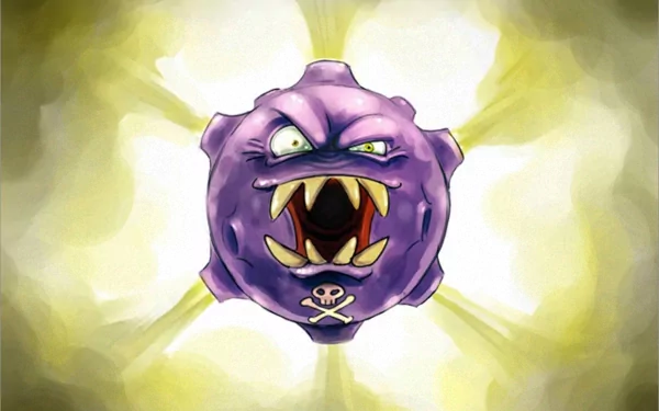Koffing from Pokémon bursts with energy in this HD PC desktop wallpaper, showcasing its iconic purple and yellow design from the video game series.