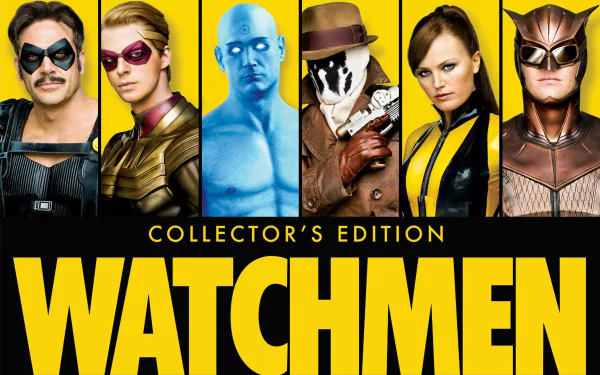HD PC desktop wallpaper featuring key characters from the movie Watchmen in a vibrant, collector's edition design with bold yellow and black text.